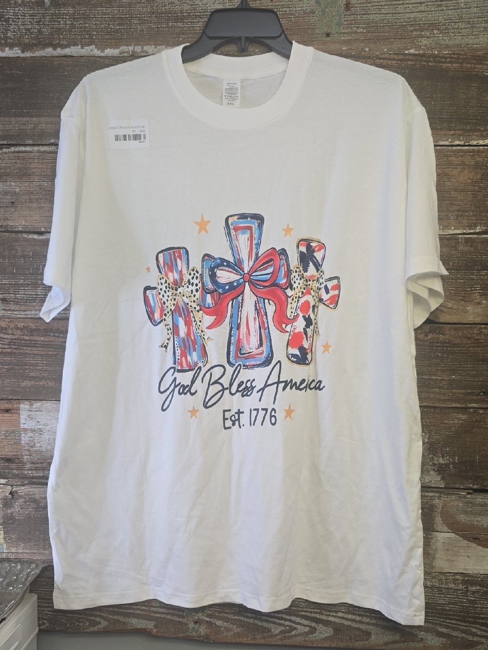 God Bless America Graphic Tee - White with Red & Blue Crosses, Size XXL, NWT